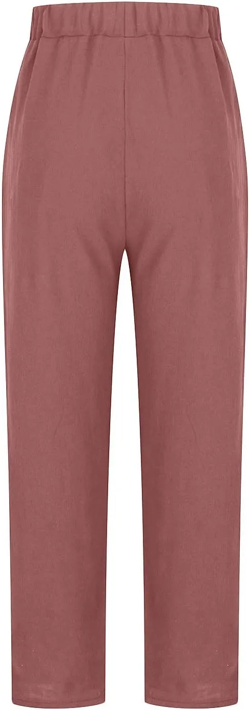 Cotton Linen Trouser for Women Casual Elastic Waist Pants Summer Loose Fit Beach Vacation with Big Pockets