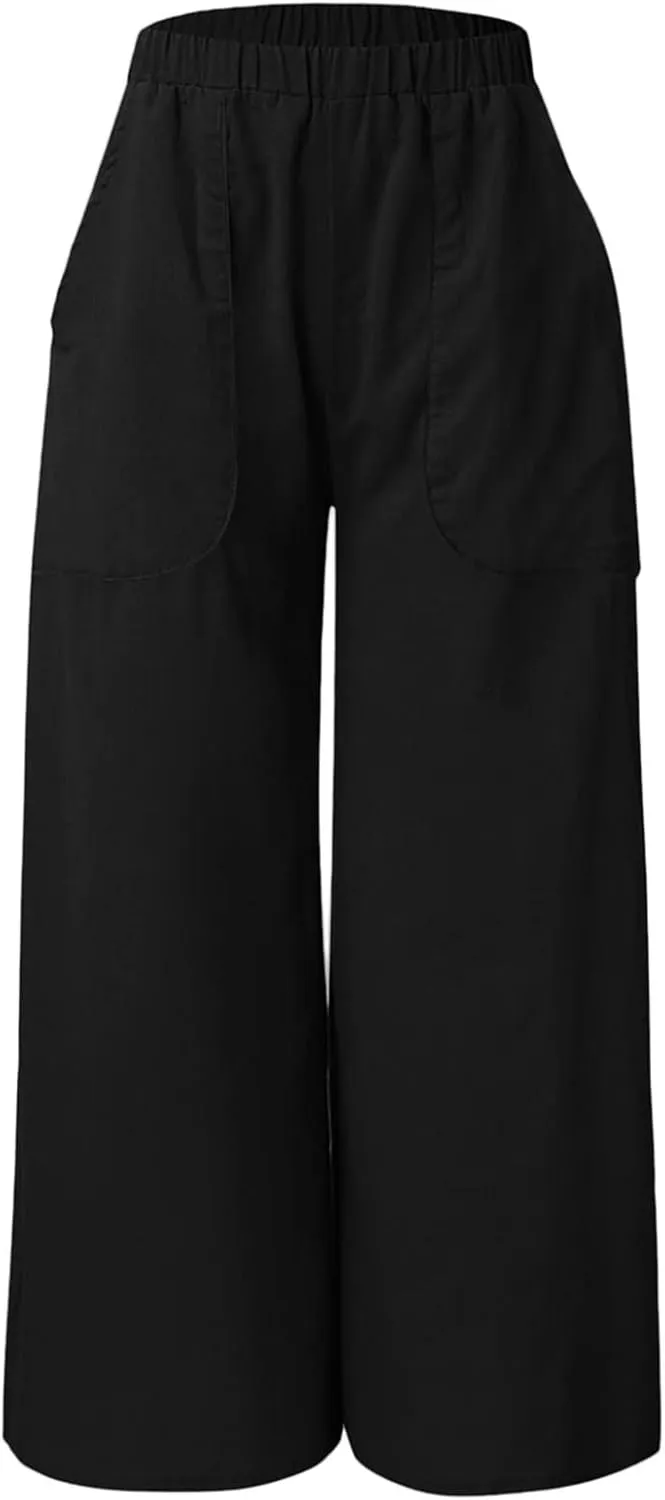 Cotton Pants for Women Casual Summer Linen Pants High Waisted Button Wide Leg Loose Palazzo Lounge Fashion Pants