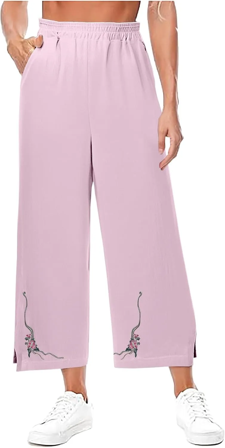 Cropped Linen Pants for Women Floral Embroidered Wide Leg Capri Pant High Elastic Waist Summer Trousers with Pockets