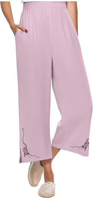 Cropped Linen Pants for Women Floral Embroidered Wide Leg Capri Pant High Elastic Waist Summer Trousers with Pockets