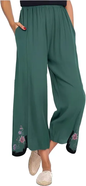 Cropped Linen Pants for Women Floral Embroidered Wide Leg Capri Pant High Elastic Waist Summer Trousers with Pockets