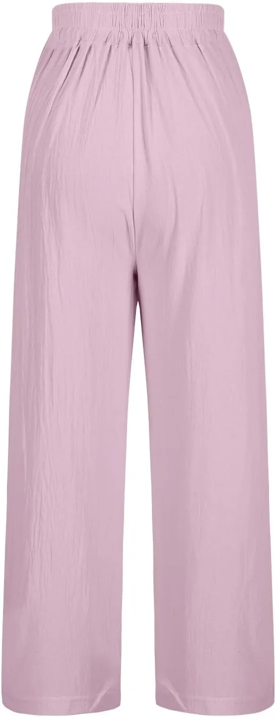 Cropped Linen Pants for Women Floral Embroidered Wide Leg Capri Pant High Elastic Waist Summer Trousers with Pockets