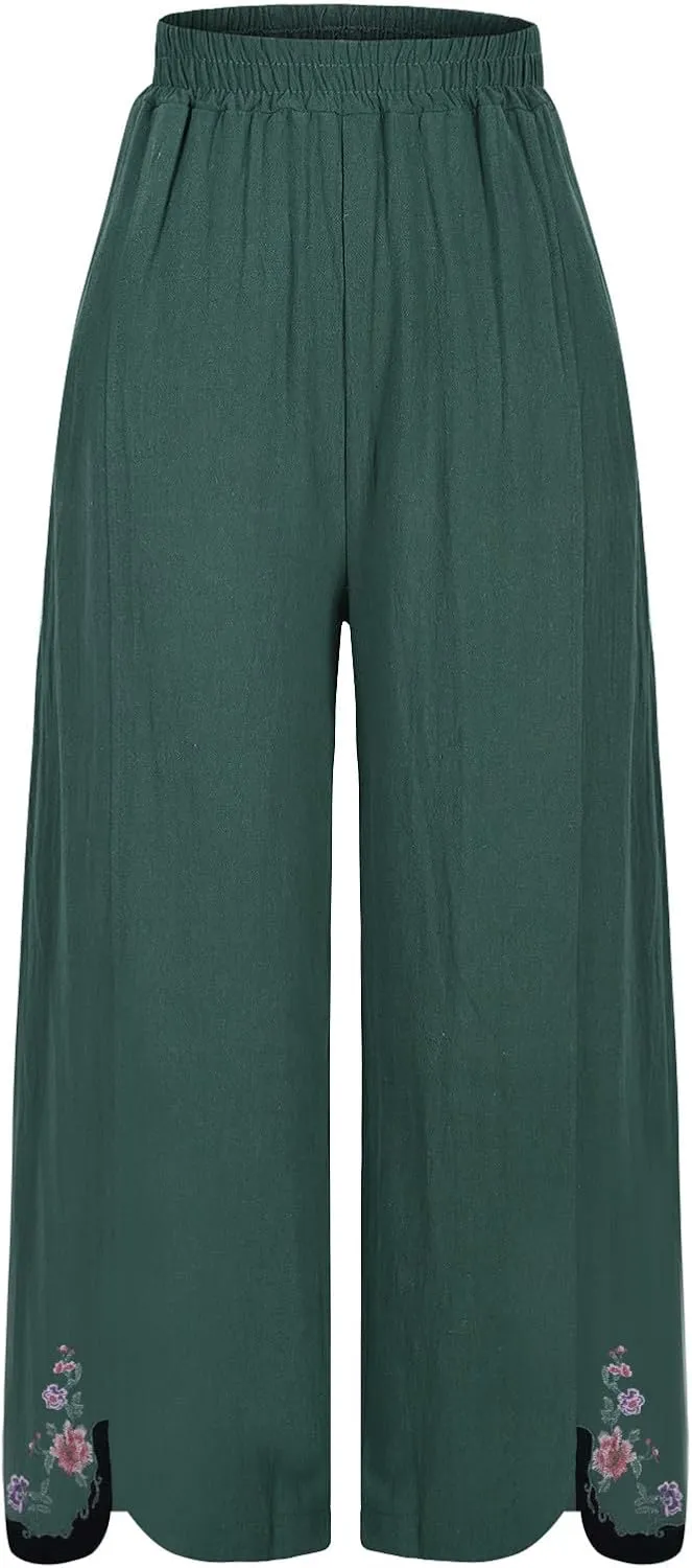 Cropped Linen Pants for Women Floral Embroidered Wide Leg Capri Pant High Elastic Waist Summer Trousers with Pockets