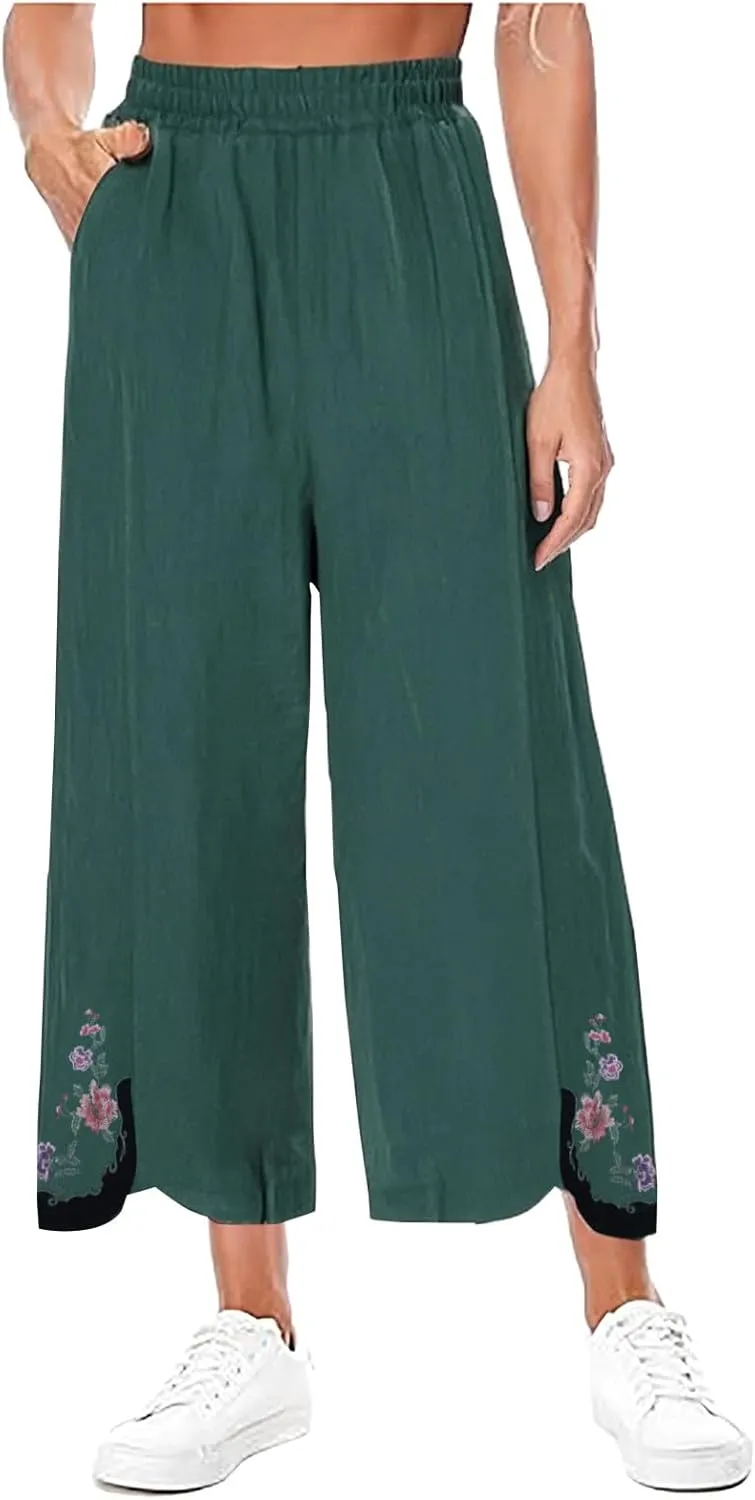 Cropped Linen Pants for Women Floral Embroidered Wide Leg Capri Pant High Elastic Waist Summer Trousers with Pockets