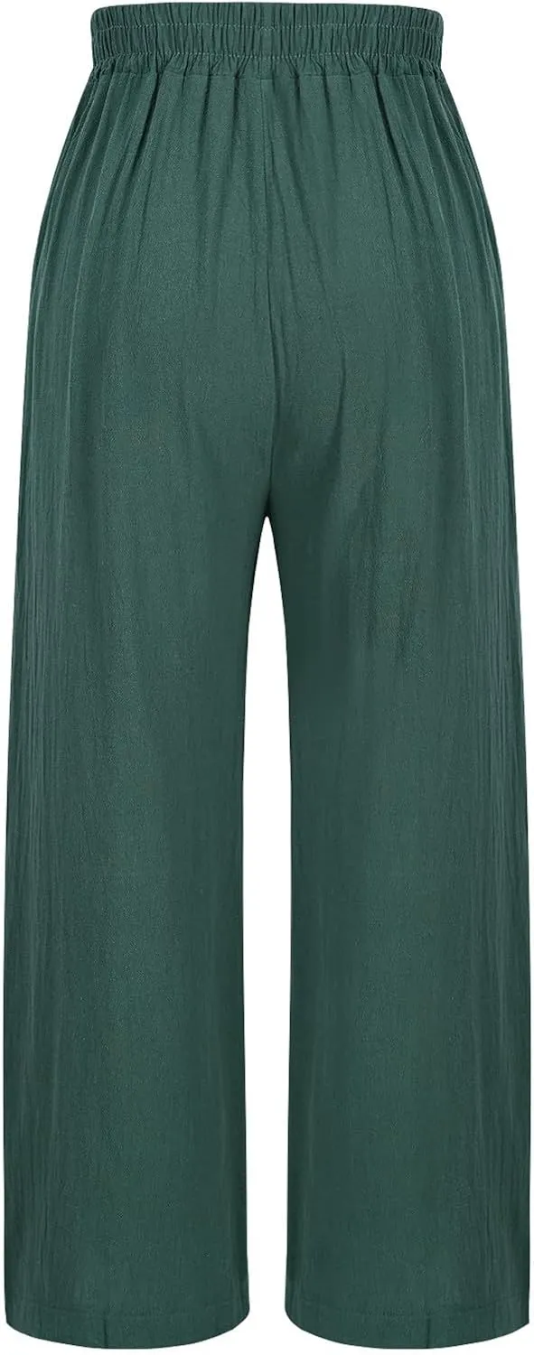 Cropped Linen Pants for Women Floral Embroidered Wide Leg Capri Pant High Elastic Waist Summer Trousers with Pockets