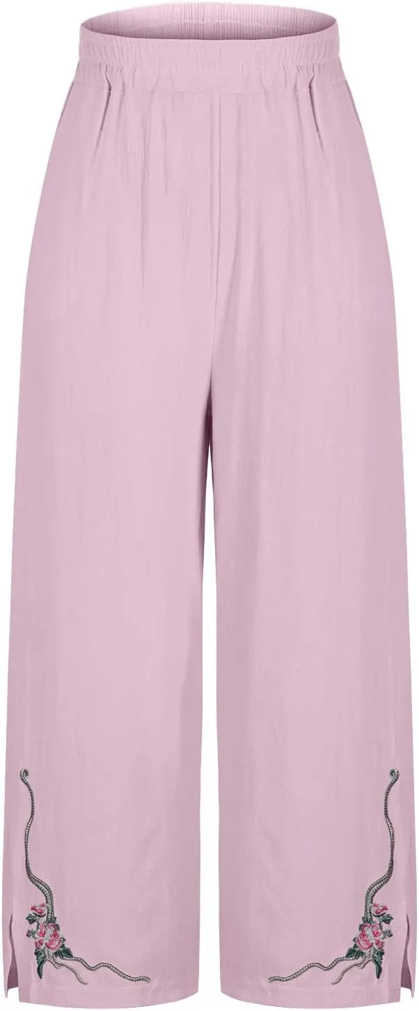 Cropped Linen Pants for Women Floral Embroidered Wide Leg Capri Pant High Elastic Waist Summer Trousers with Pockets