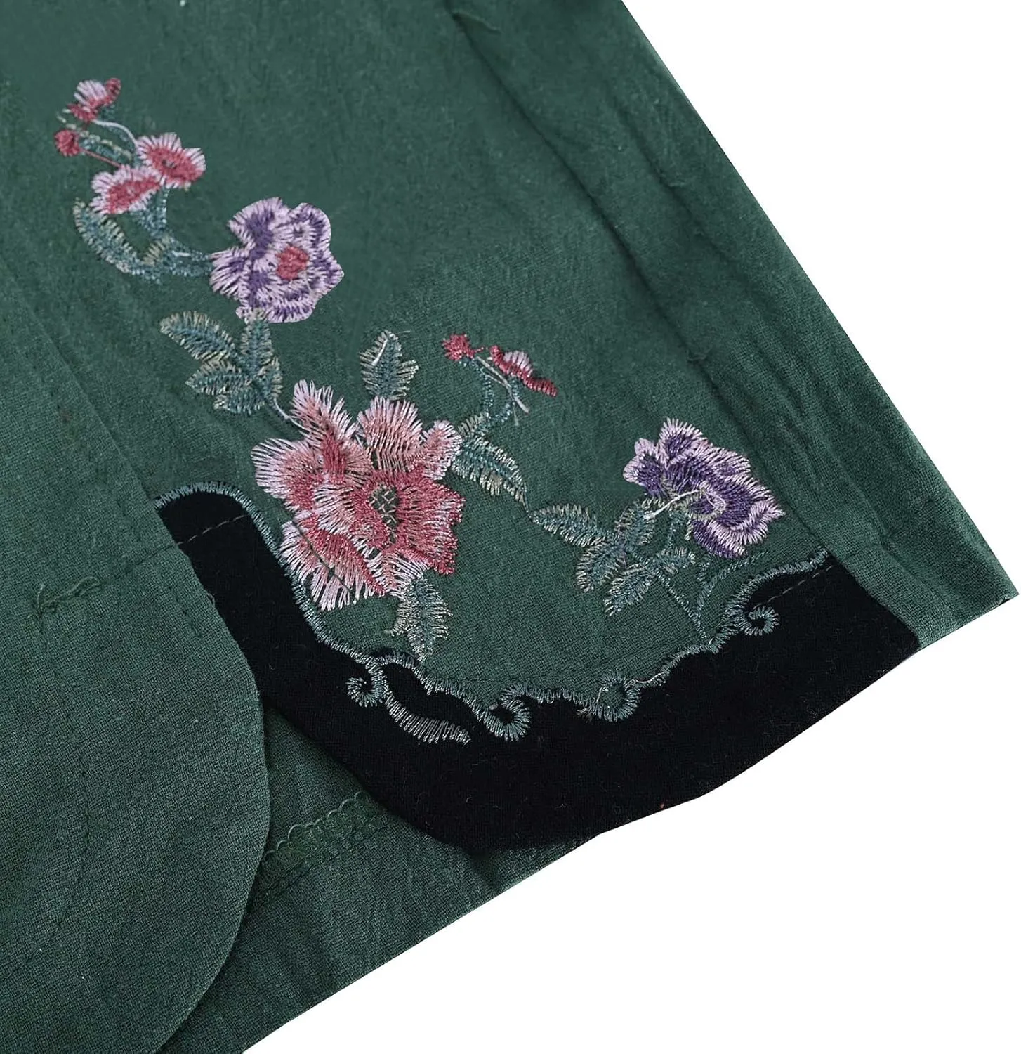 Cropped Linen Pants for Women Floral Embroidered Wide Leg Capri Pant High Elastic Waist Summer Trousers with Pockets
