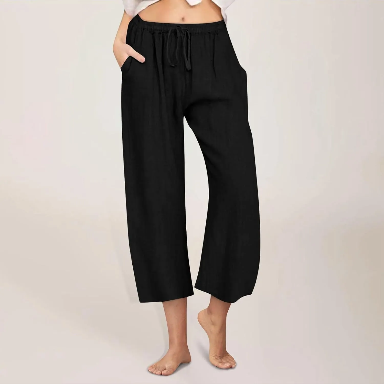 Cropped Linen Pants Women Casual High Waisted Wide Leg Lounge Pant 2025 Loose Lightweight Cotton Capris with Pockets
