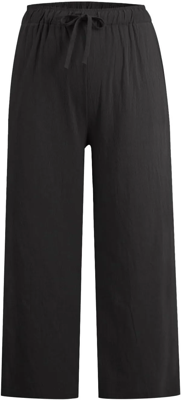 Cropped Linen Pants Women Casual High Waisted Wide Leg Lounge Pant 2025 Loose Lightweight Cotton Capris with Pockets