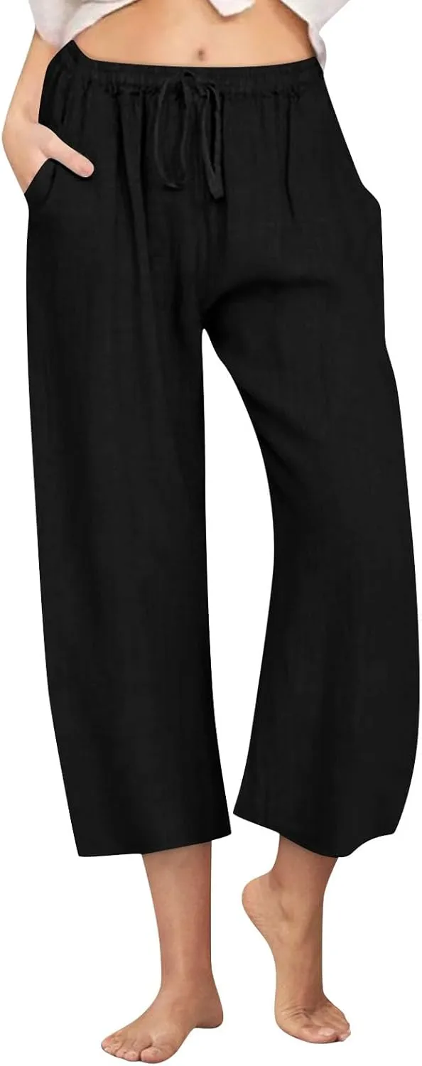 Cropped Linen Pants Women Casual High Waisted Wide Leg Lounge Pant 2025 Loose Lightweight Cotton Capris with Pockets