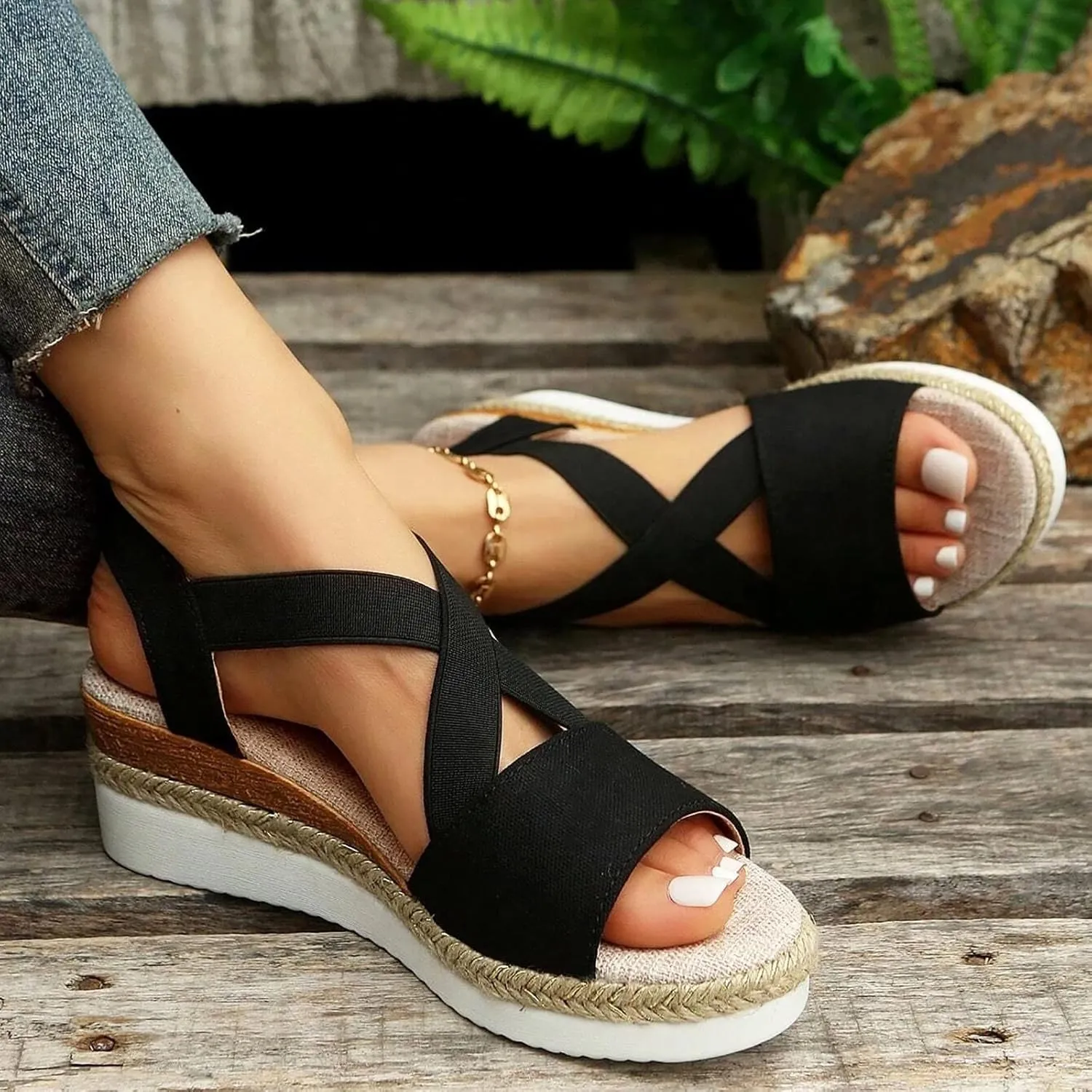 Crzidha Wedge Sandals for Women, Womens Espadrilles Open Toe Ankle Strap Platform Wedge Heels Sandals Dressy Summer Ankle Strap Comfortable Slip on Sandals Orthopedic Sandals Casual Beach Shoes