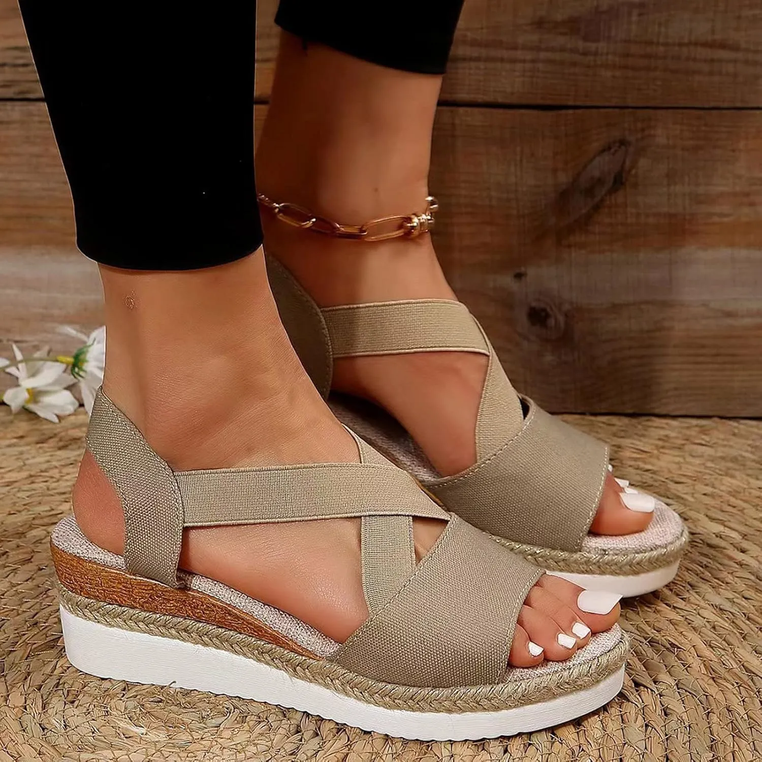 Crzidha Wedge Sandals for Women, Womens Espadrilles Open Toe Ankle Strap Platform Wedge Heels Sandals Dressy Summer Ankle Strap Comfortable Slip on Sandals Orthopedic Sandals Casual Beach Shoes