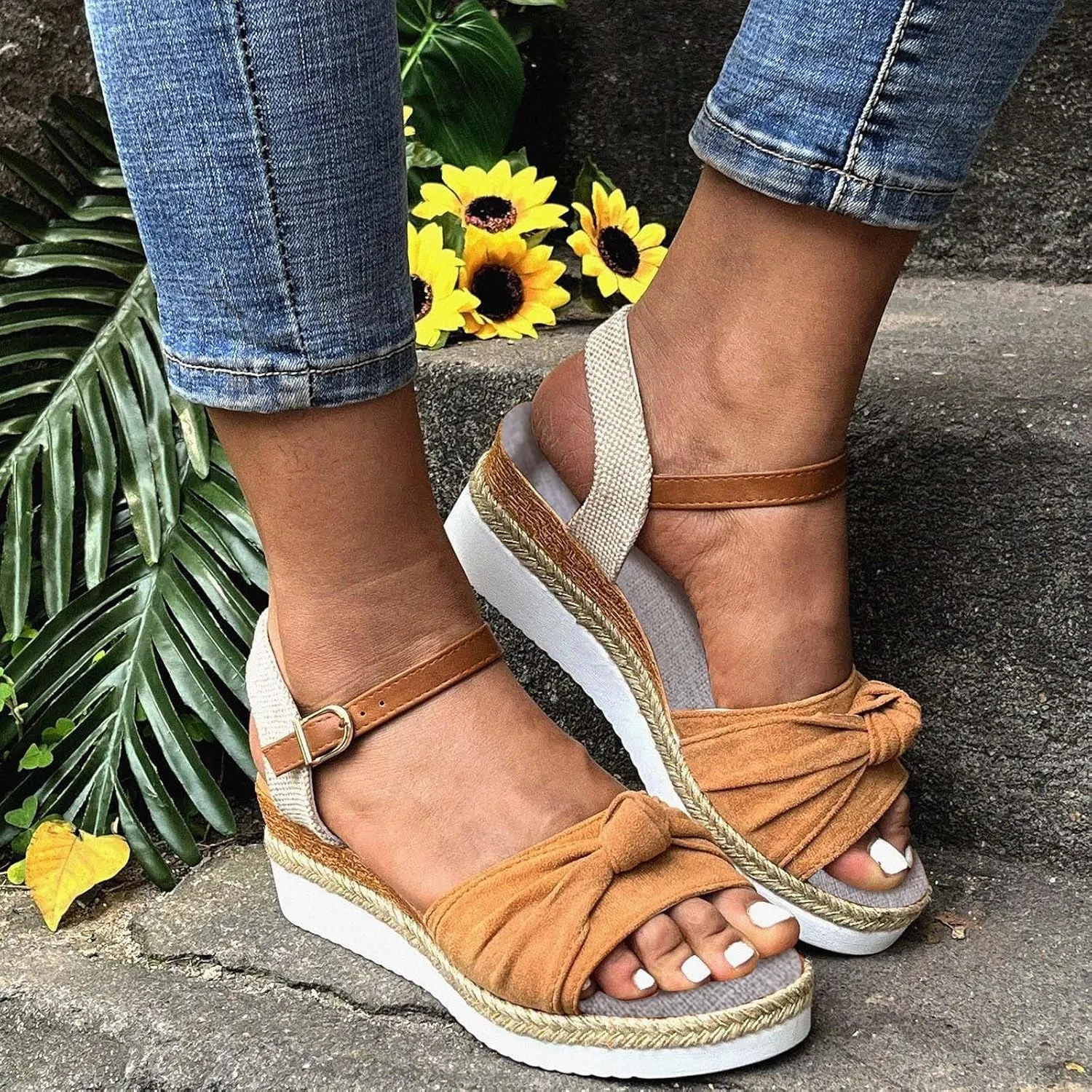 Crzidha Wedge Sandals for Women, Womens Espadrilles Open Toe Ankle Strap Platform Wedge Heels Sandals Dressy Summer Ankle Strap Comfortable Slip on Sandals Orthopedic Sandals Casual Beach Shoes