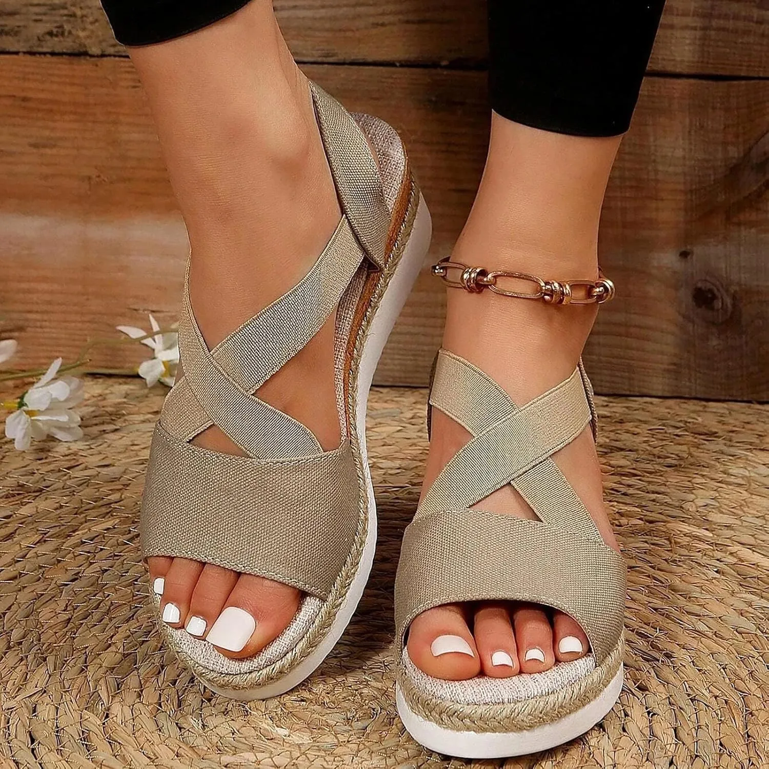 Crzidha Wedge Sandals for Women, Womens Espadrilles Open Toe Ankle Strap Platform Wedge Heels Sandals Dressy Summer Ankle Strap Comfortable Slip on Sandals Orthopedic Sandals Casual Beach Shoes