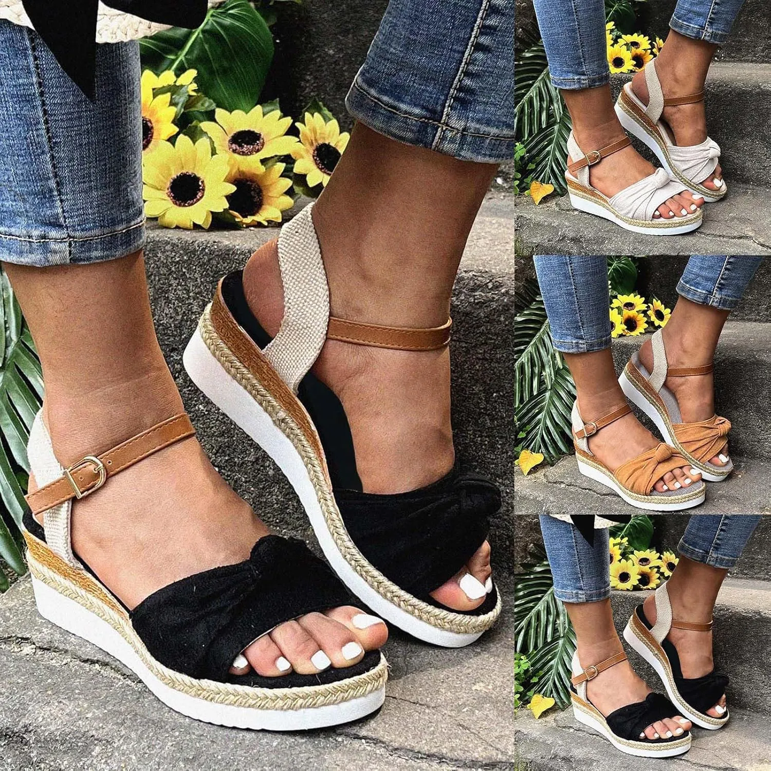 Crzidha Wedge Sandals for Women, Womens Espadrilles Open Toe Ankle Strap Platform Wedge Heels Sandals Dressy Summer Ankle Strap Comfortable Slip on Sandals Orthopedic Sandals Casual Beach Shoes