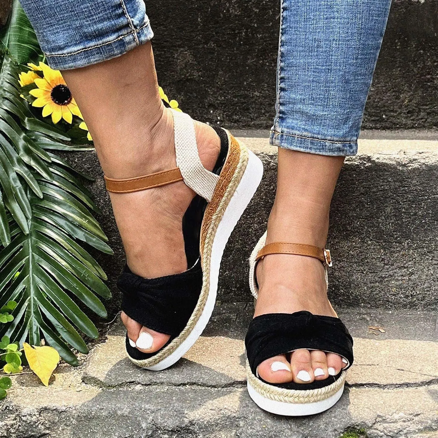 Crzidha Wedge Sandals for Women, Womens Espadrilles Open Toe Ankle Strap Platform Wedge Heels Sandals Dressy Summer Ankle Strap Comfortable Slip on Sandals Orthopedic Sandals Casual Beach Shoes