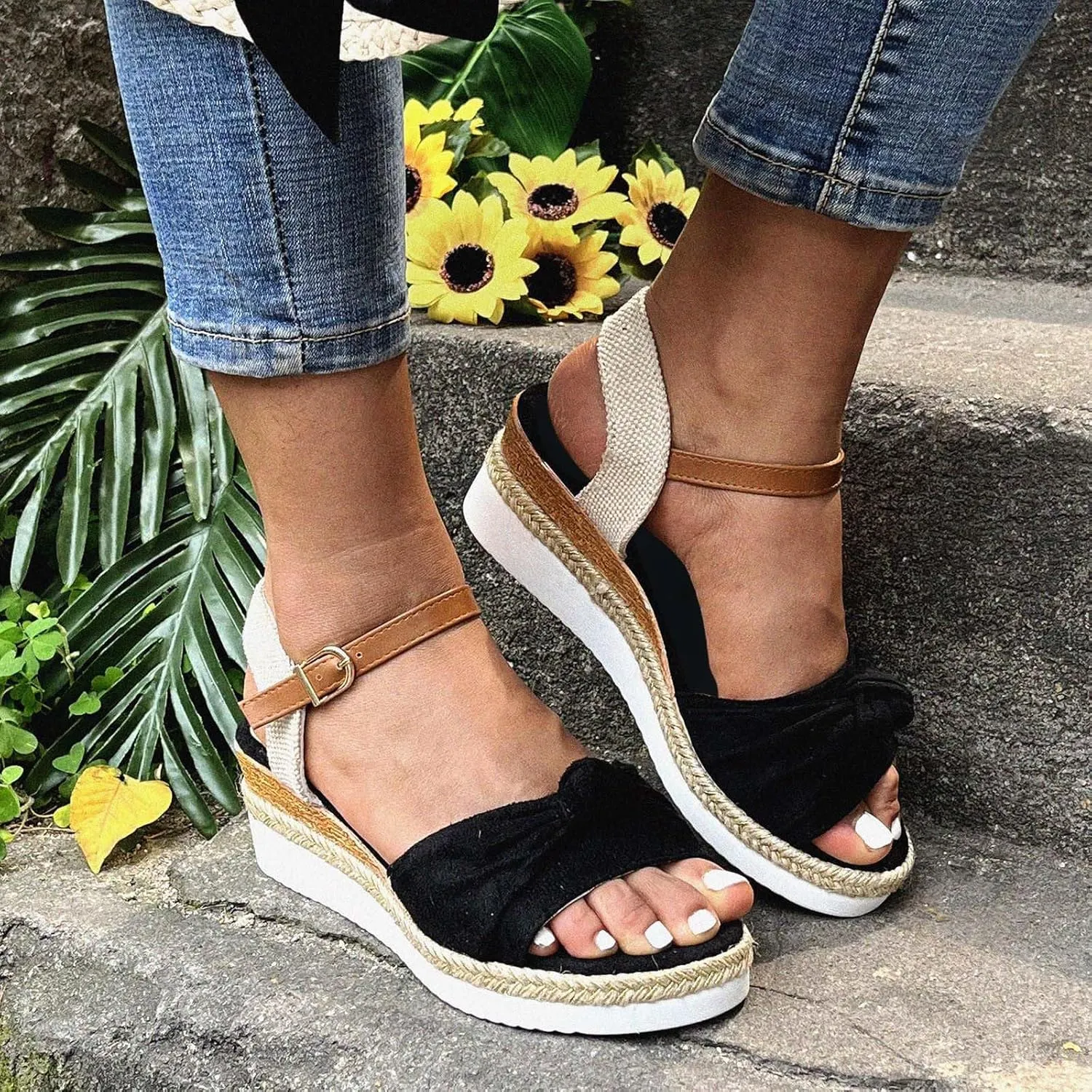 Crzidha Wedge Sandals for Women, Womens Espadrilles Open Toe Ankle Strap Platform Wedge Heels Sandals Dressy Summer Ankle Strap Comfortable Slip on Sandals Orthopedic Sandals Casual Beach Shoes