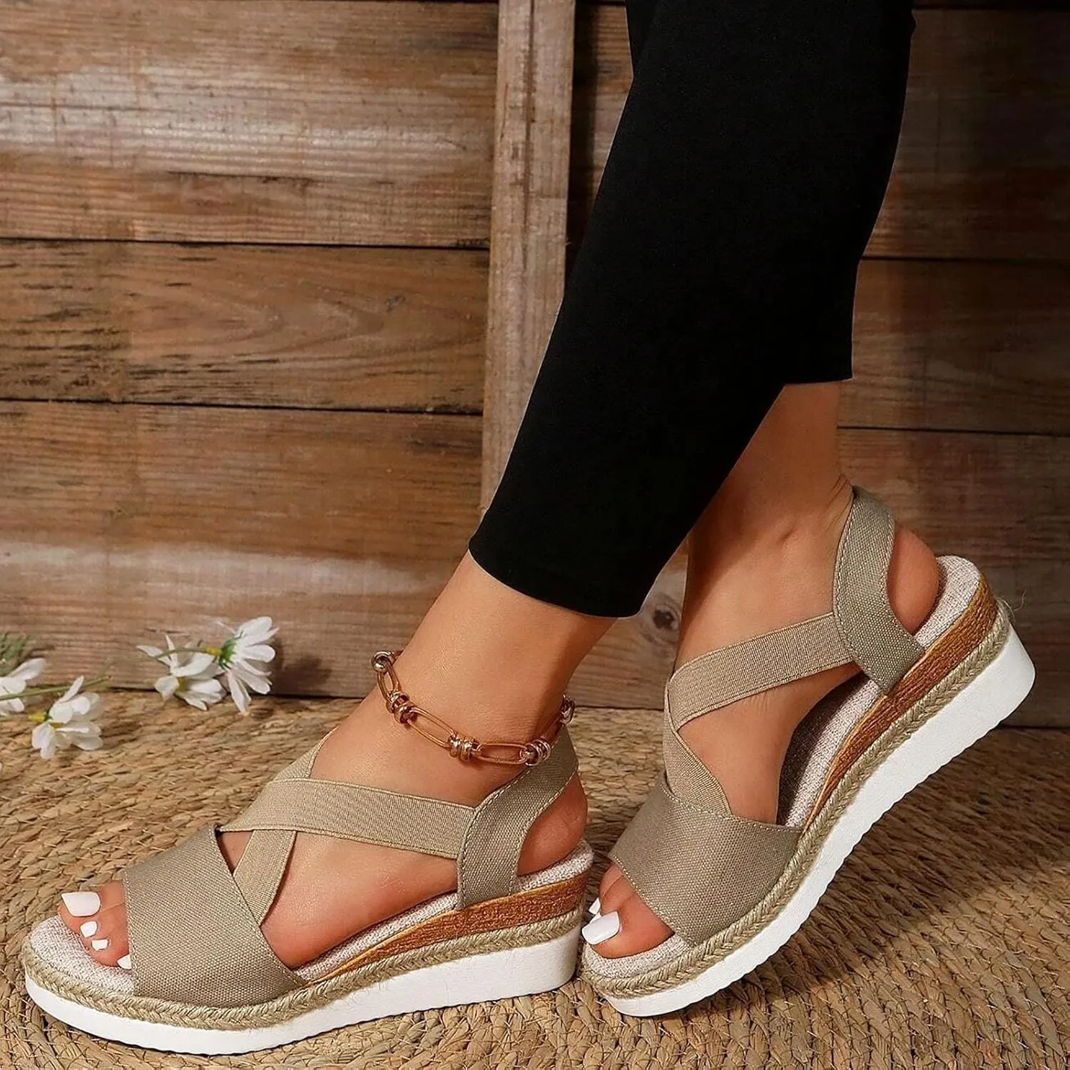 Crzidha Wedge Sandals for Women, Womens Espadrilles Open Toe Ankle Strap Platform Wedge Heels Sandals Dressy Summer Ankle Strap Comfortable Slip on Sandals Orthopedic Sandals Casual Beach Shoes