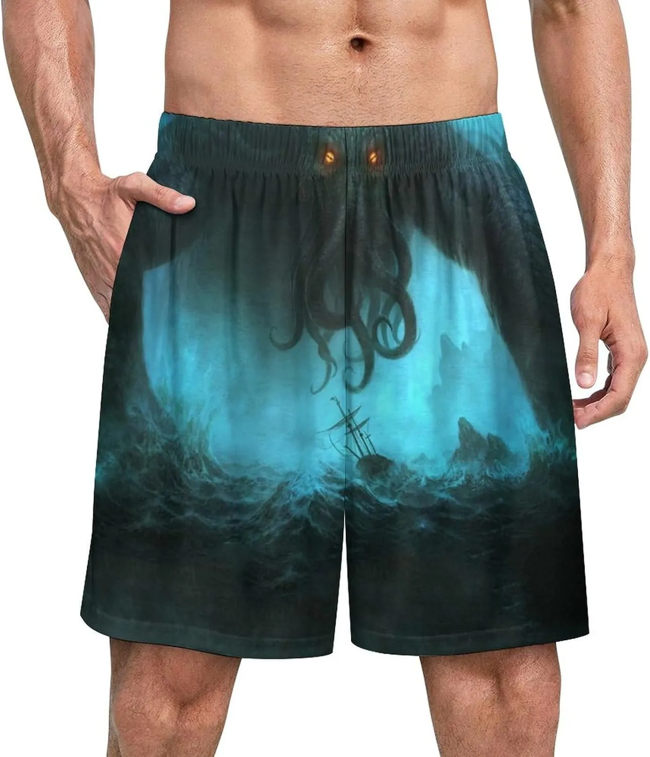 Cthulhu in Deep Ocean Men's Satin Pajama Boxer Shorts Silk Feeling Lounge Sleep Underwear