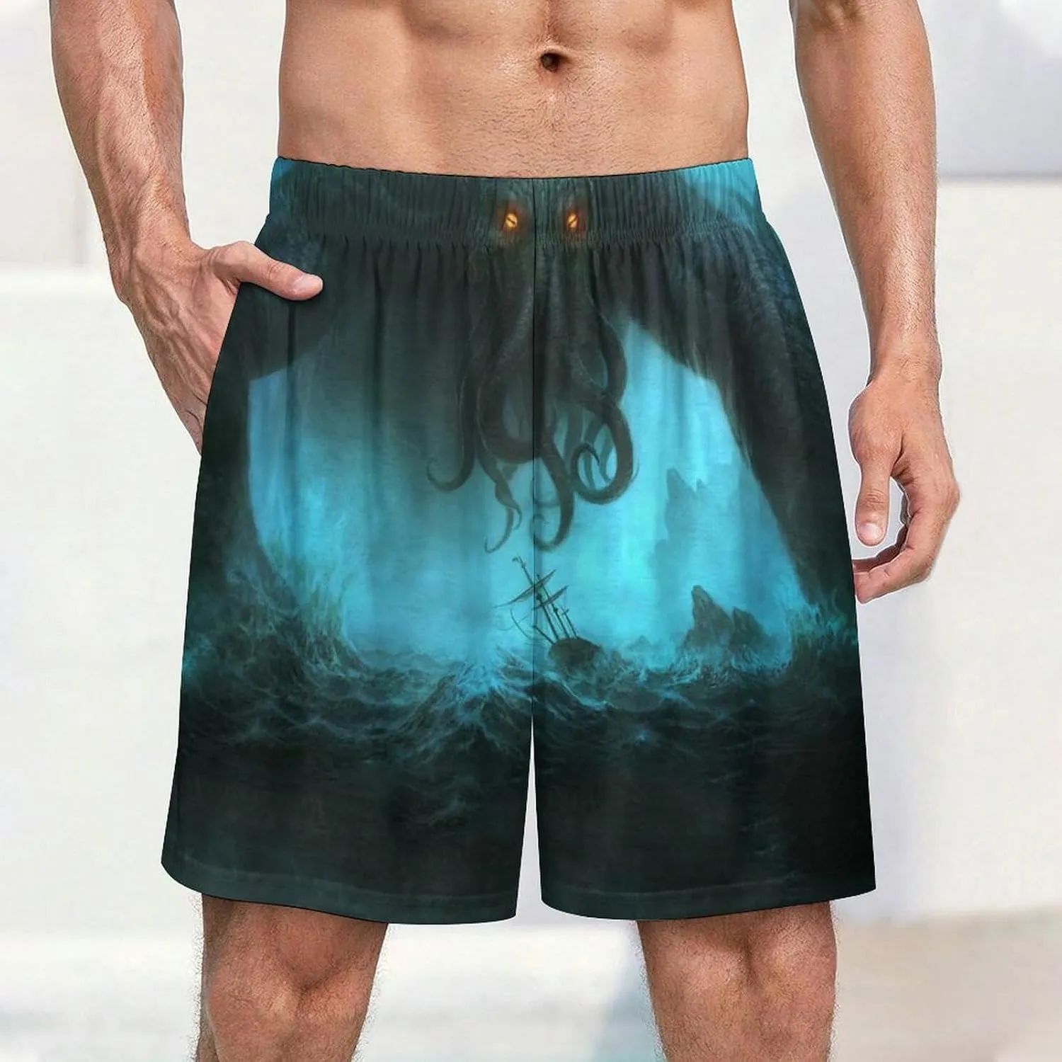 Cthulhu in Deep Ocean Men's Satin Pajama Boxer Shorts Silk Feeling Lounge Sleep Underwear