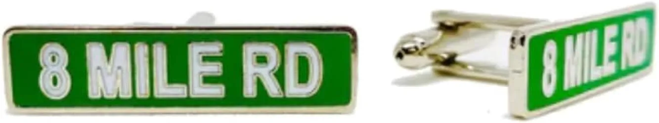 Cufflinks - Detroit 8 Mile Road Street Sign Smooth Chrome Finish Cast and Filled Cloisonne Cufflinks for Men 1.25" X 0.5" Tie Pin