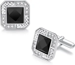 Cufflinks for Men 925 Sterling Silver Black Crystal Cufflinks for Men Classic Wedding Business Shirt Cuff Links for Boyfriend Husband Father