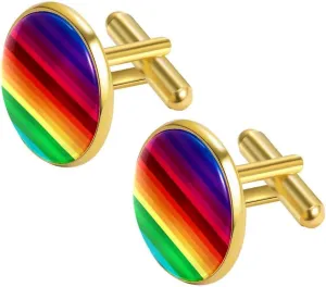 Cufflinks for Men Set Unique, Colorful Rainbow Painting Stripes Gold Stainless Steel Cufflinks for Tuxedo Shirts Business Wedding, Personalized Gift