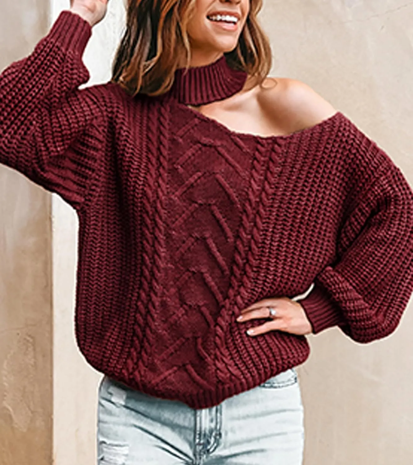CUPSHE Womens Cable Knit One Shoulder Pullover Sweater Mock Neck Cutout Drop Long Sleeve Causal Jumper Top