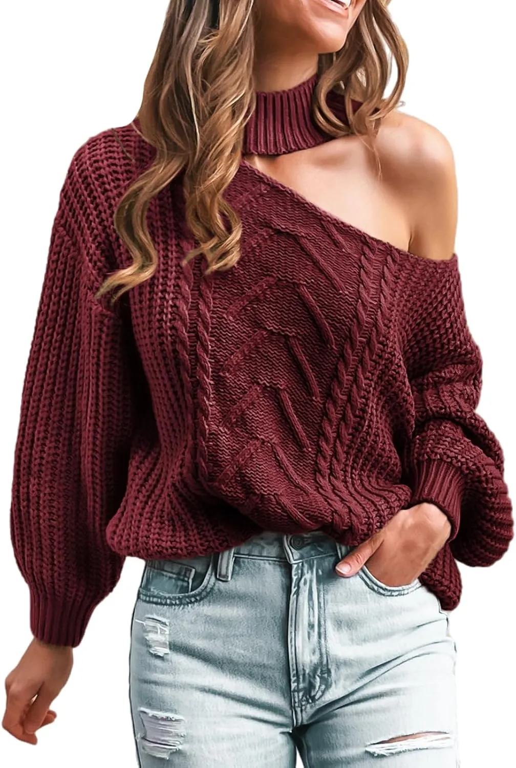 CUPSHE Womens Cable Knit One Shoulder Pullover Sweater Mock Neck Cutout Drop Long Sleeve Causal Jumper Top