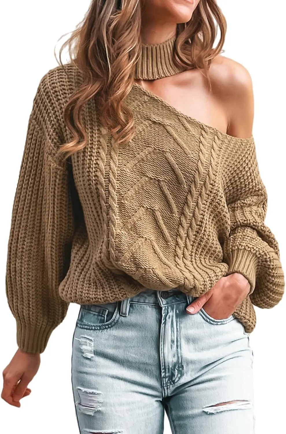 CUPSHE Womens Cable Knit One Shoulder Pullover Sweater Mock Neck Cutout Drop Long Sleeve Causal Jumper Top