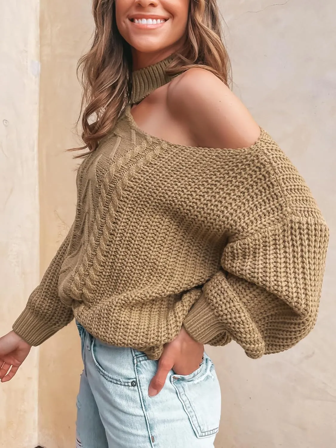 CUPSHE Womens Cable Knit One Shoulder Pullover Sweater Mock Neck Cutout Drop Long Sleeve Causal Jumper Top