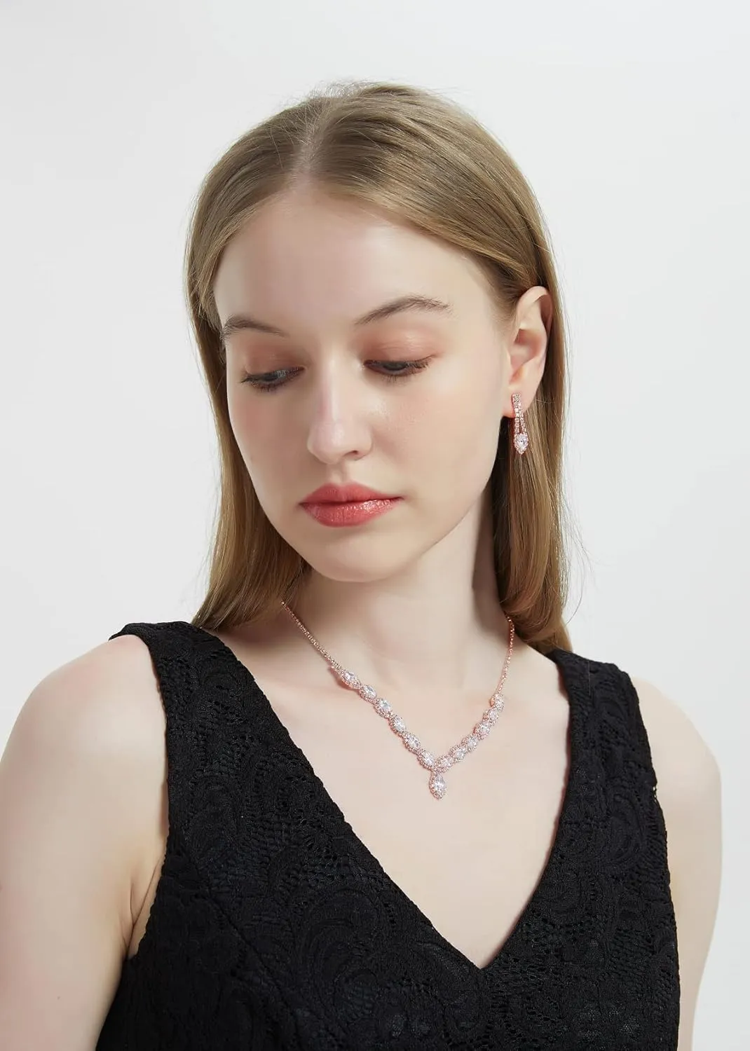 CZ Rhinestone Necklace Earrings Wedding Jewelry Set For Bride Bridesmaid Prom Evening Party Homecoming