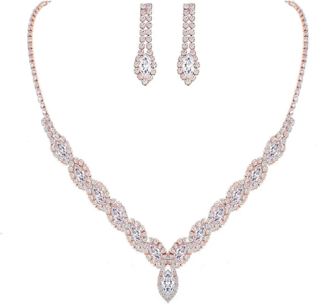 CZ Rhinestone Necklace Earrings Wedding Jewelry Set For Bride Bridesmaid Prom Evening Party Homecoming