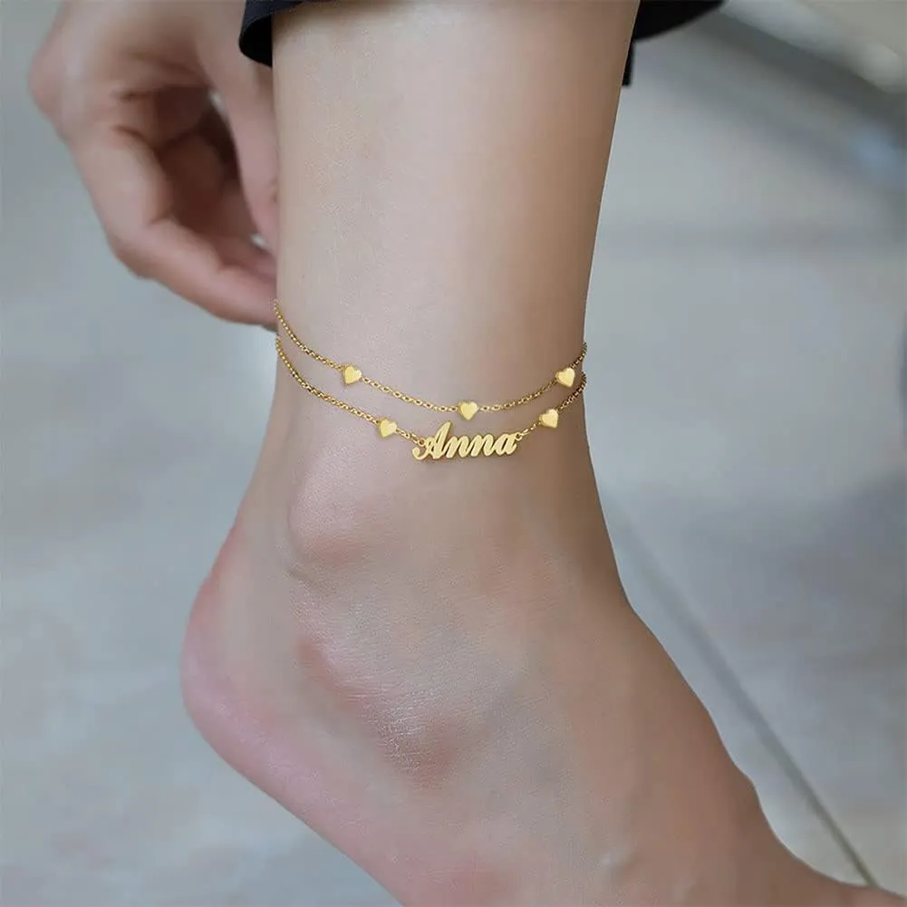 DayOfShe Personalized Name Ankle Bracelet for Women 18k Real Gold Plated Layered Name Anklets Beach Anklets Accessories for Vacation