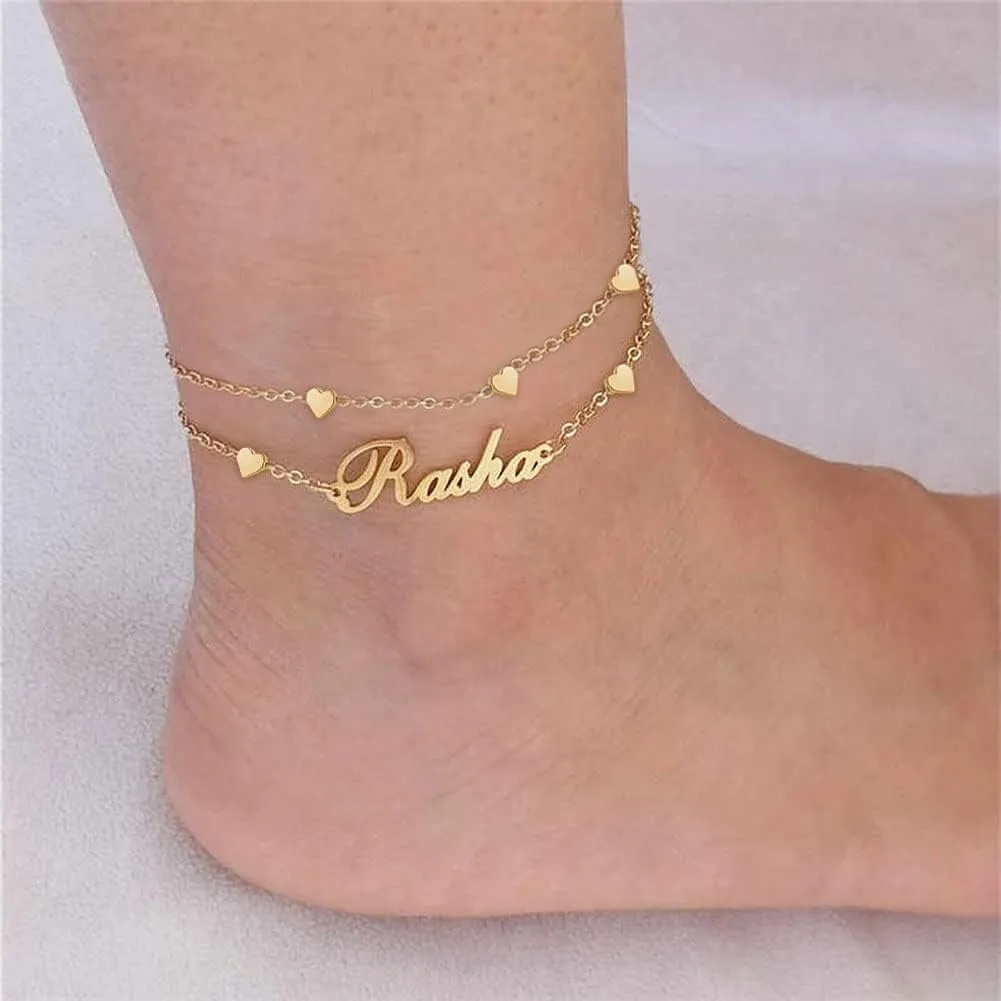 DayOfShe Personalized Name Ankle Bracelet for Women 18k Real Gold Plated Layered Name Anklets Beach Anklets Accessories for Vacation