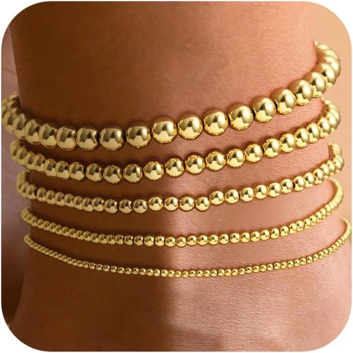 DEARMAY 5Pcs Gold/Silver Bead Ankle Bracelets for Women 14K Gold Beaded Anklets for Women Pack Stackable Link Anklets Set Layered Cute Summer Beach Anklets Jewelry Gift
