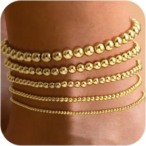 DEARMAY 5Pcs Gold/Silver Bead Ankle Bracelets for Women 14K Gold Beaded Anklets for Women Pack Stackable Link Anklets Set Layered Cute Summer Beach Anklets Jewelry Gift