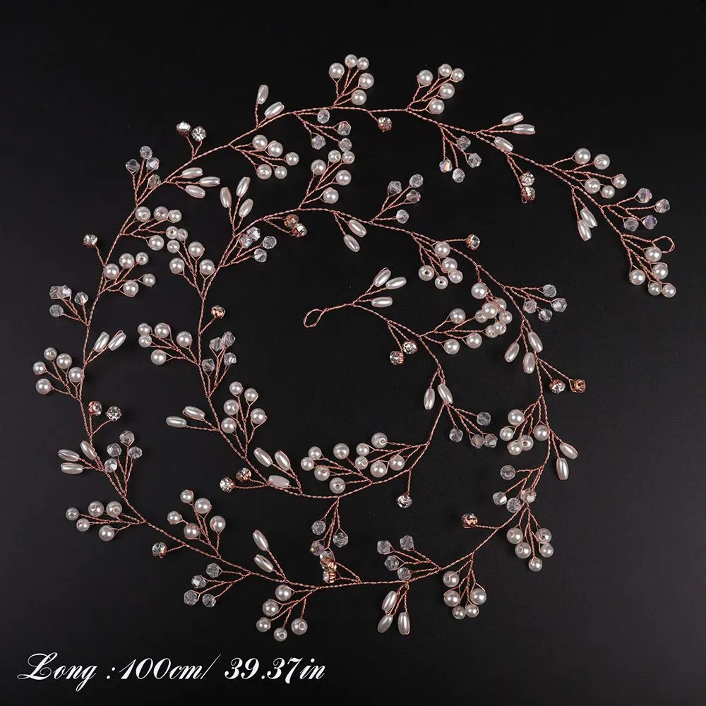 Denifery Rose Gold Extra Long Pearl and Crystal Beads Bridal Hair Vine Wedding Head Piece Hair Accessories (Rose Gold)