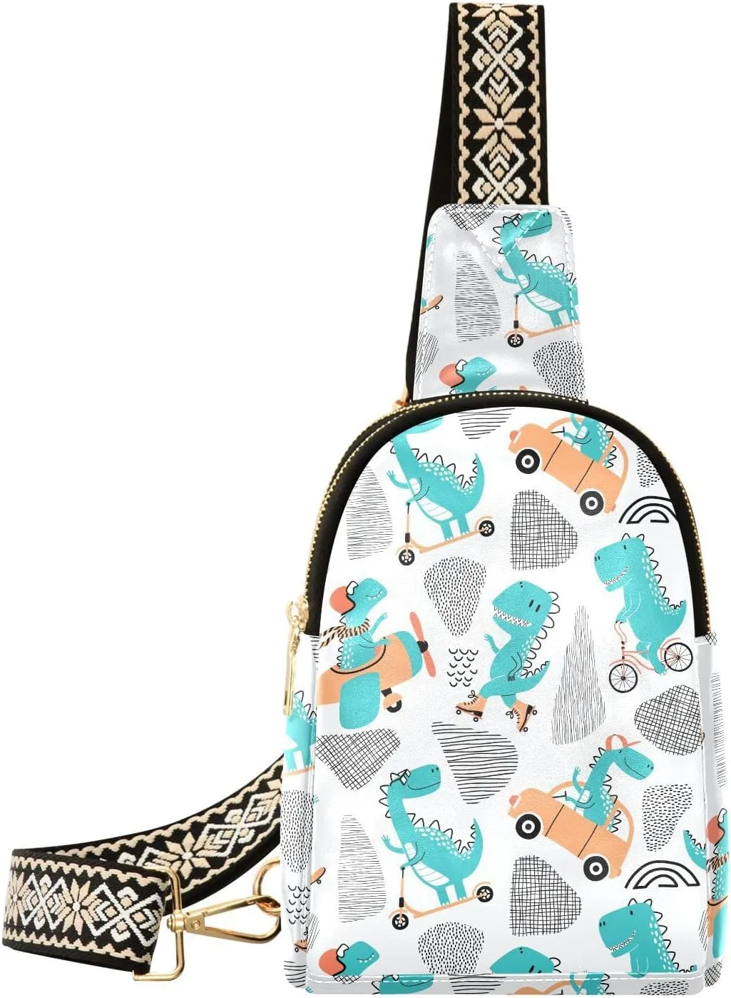 Dinosaur Driver Fanny Pack Crossbody PC Leather Small Sling Bag for Women Cute Cartoon Dino Fashion Waist Packs Chest Bag for Travel Sports Running Hiking
