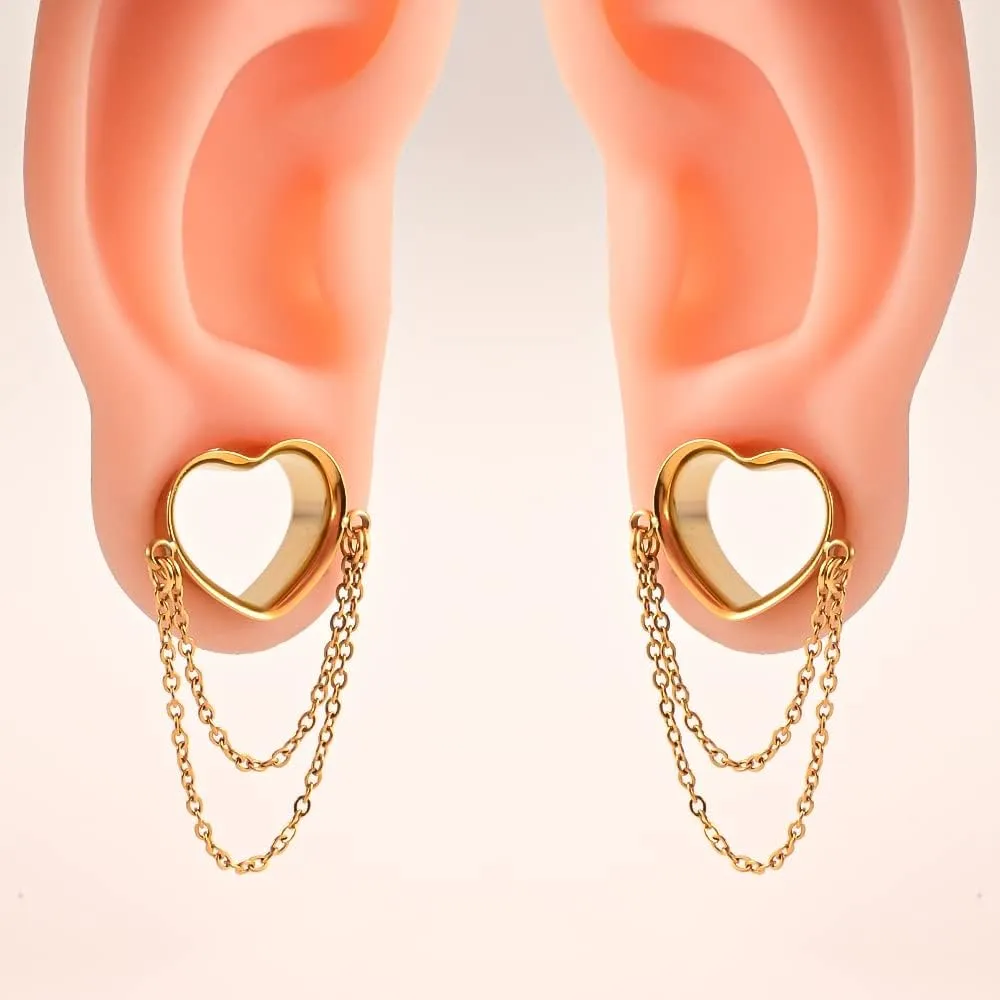 DOEARKO 2 Pcs Ear Gauges Simple Style Tunnels Dangle Plugs with Chain Elegant Stretchers Hypoallergenic Stainless Steel Body Jewelry