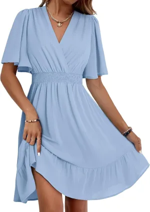 Dokotoo Women's Dress 2025 Summer Deep V Neck Elegant Ruffle Mini Dress Waist Dresses S-2XL