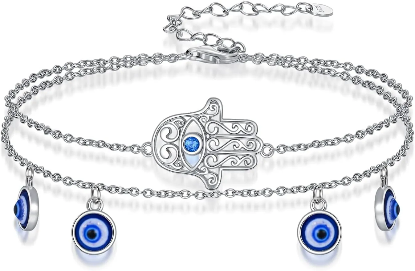 Dragonfly/Evil Eye/Hamsa Evil Eye/Lotus/Mushroom Anklet Bracelets for Women Sterling Silver Adjustable Double Layered Bracelet Anklet Mother's Day Jewelry Gifts Beach Jewelry