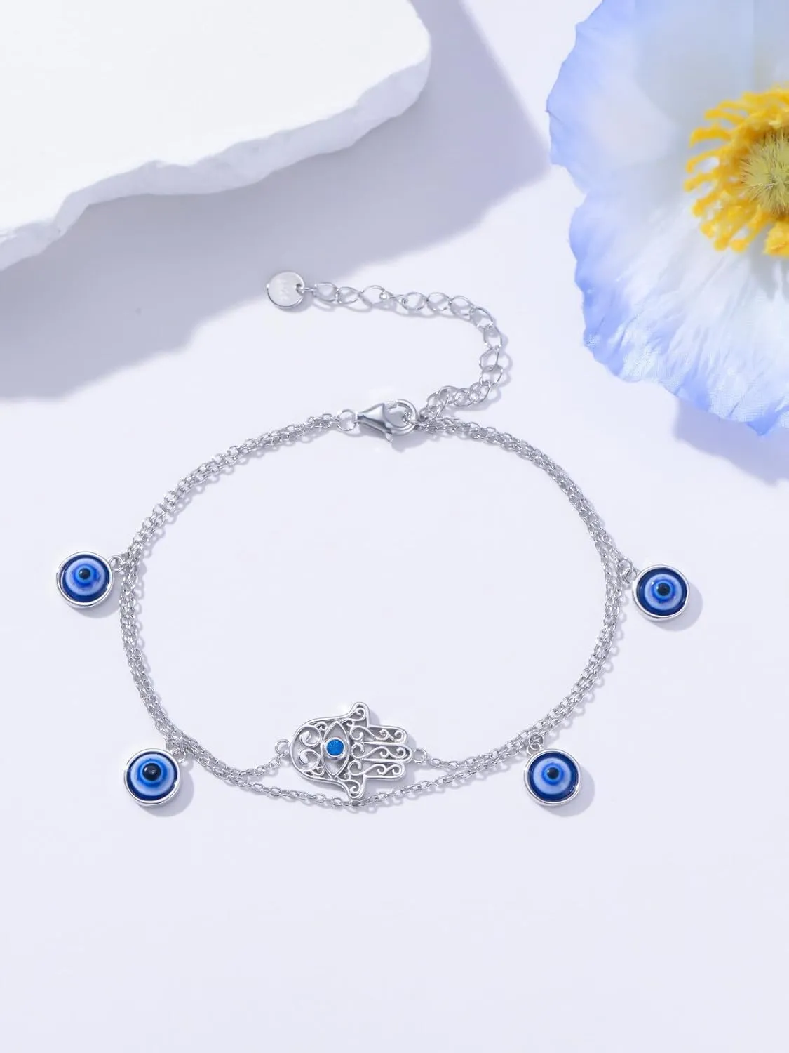 Dragonfly/Evil Eye/Hamsa Evil Eye/Lotus/Mushroom Anklet Bracelets for Women Sterling Silver Adjustable Double Layered Bracelet Anklet Mother's Day Jewelry Gifts Beach Jewelry