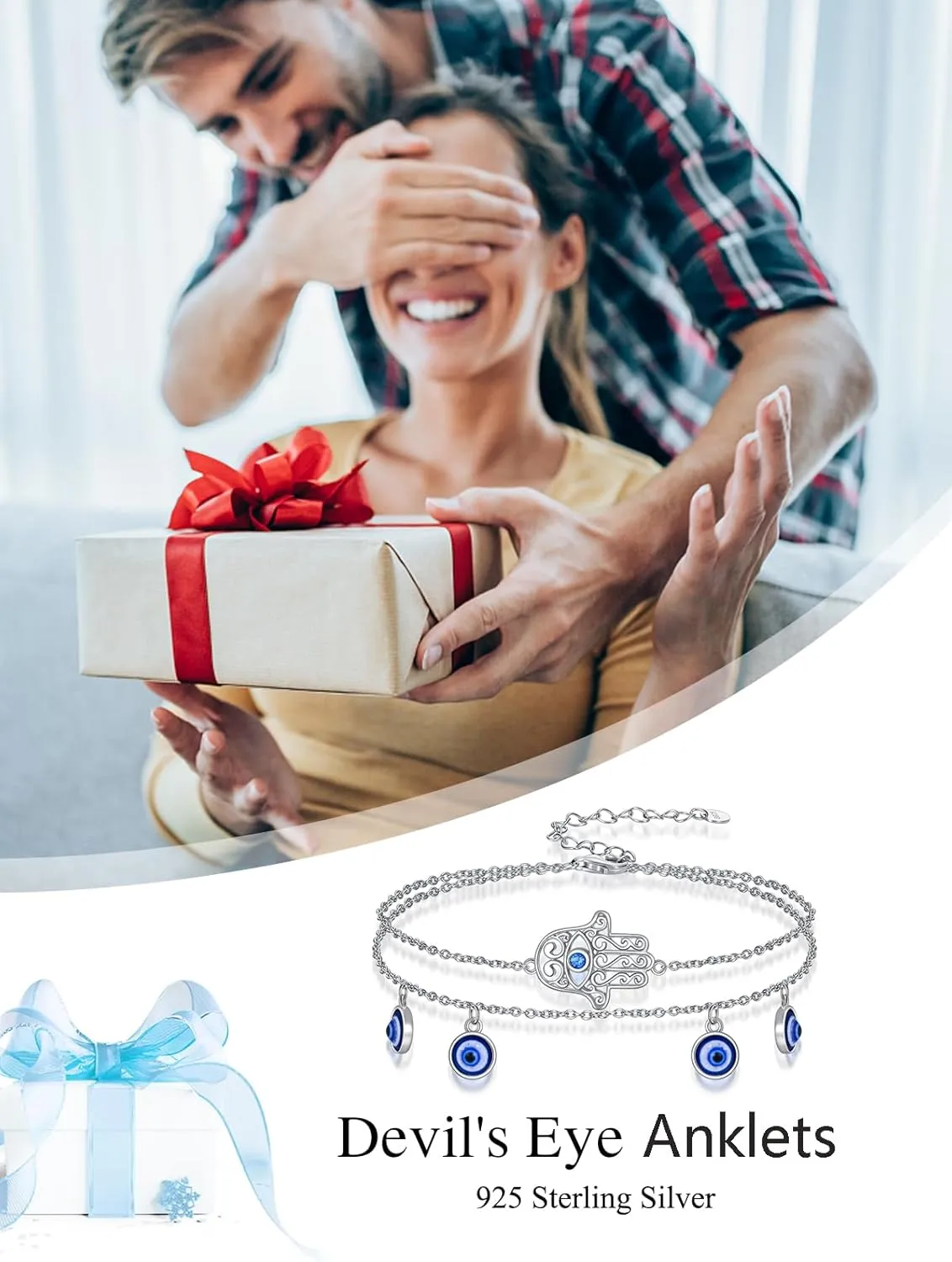 Dragonfly/Evil Eye/Hamsa Evil Eye/Lotus/Mushroom Anklet Bracelets for Women Sterling Silver Adjustable Double Layered Bracelet Anklet Mother's Day Jewelry Gifts Beach Jewelry