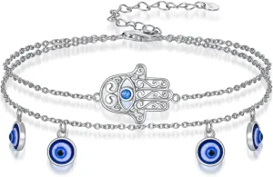 Dragonfly/Evil Eye/Hamsa Evil Eye/Lotus/Mushroom Anklet Bracelets for Women Sterling Silver Adjustable Double Layered Bracelet Anklet Mother's Day Jewelry Gifts Beach Jewelry