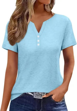 EADINVE Womens T Shirts V Neck Buttons Down Tops Casual Summer Tees Short Sleeve Loose Fit Tops Blouses