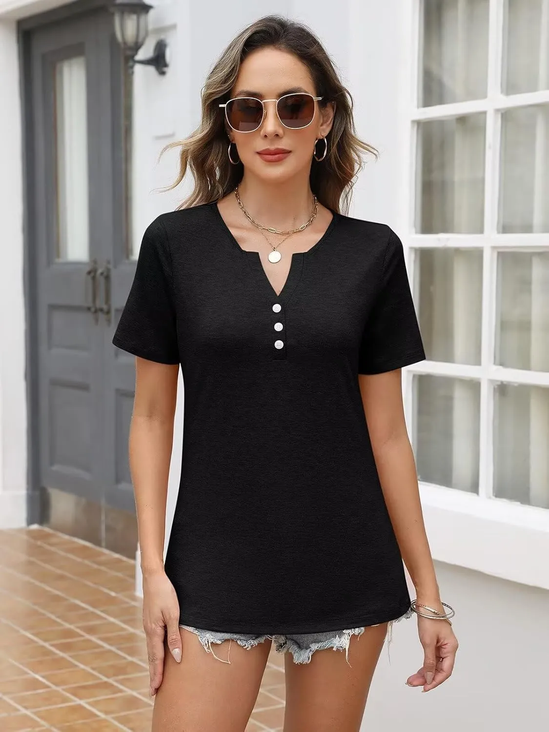 EADINVE Womens T Shirts V Neck Buttons Down Tops Casual Summer Tees Short Sleeve Loose Fit Tops Blouses