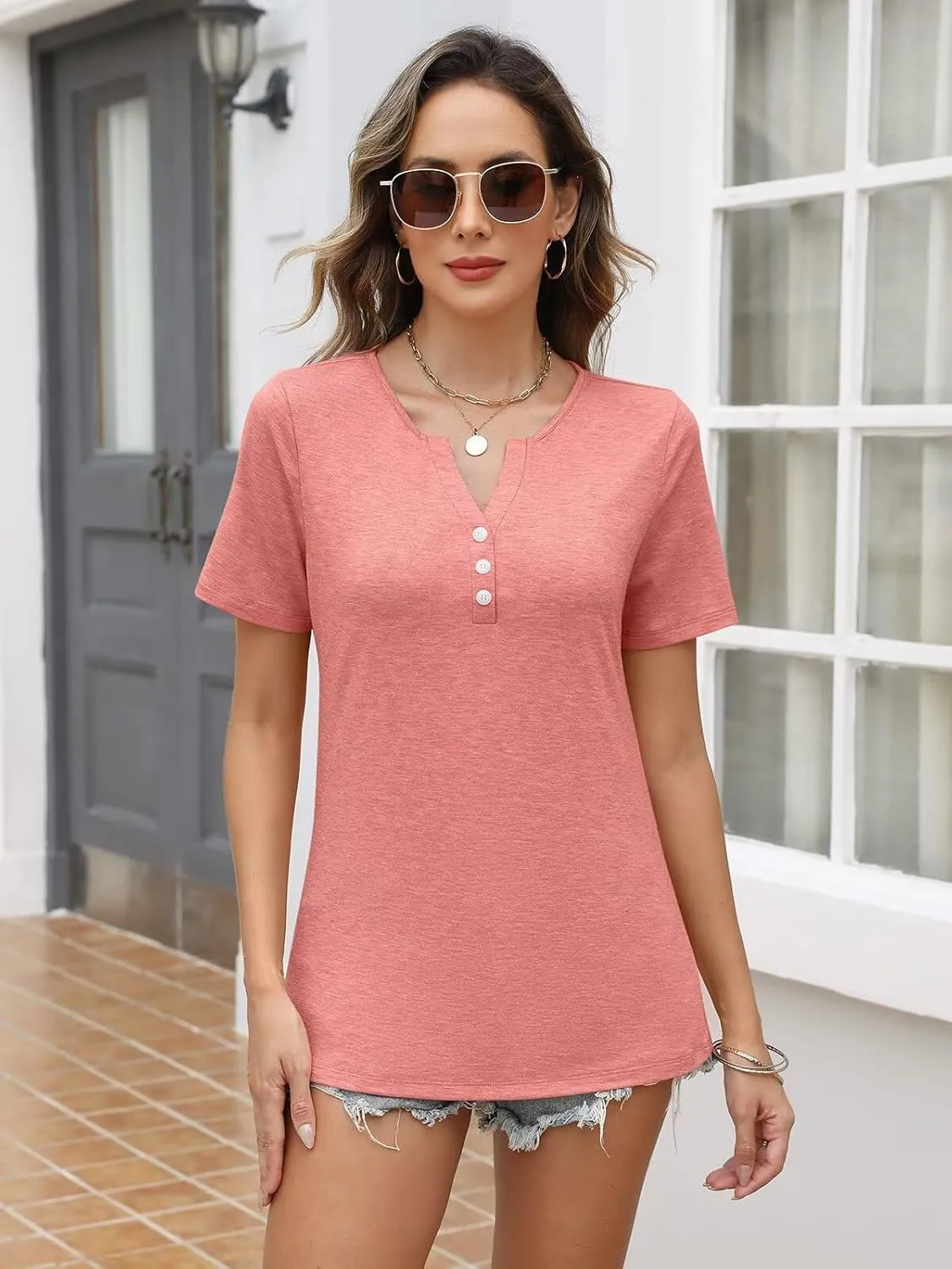 EADINVE Womens T Shirts V Neck Buttons Down Tops Casual Summer Tees Short Sleeve Loose Fit Tops Blouses