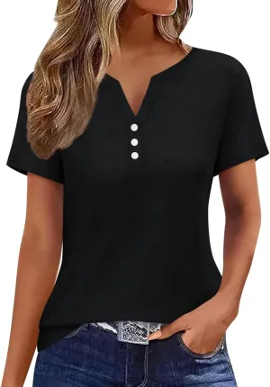 EADINVE Womens T Shirts V Neck Buttons Down Tops Casual Summer Tees Short Sleeve Loose Fit Tops Blouses