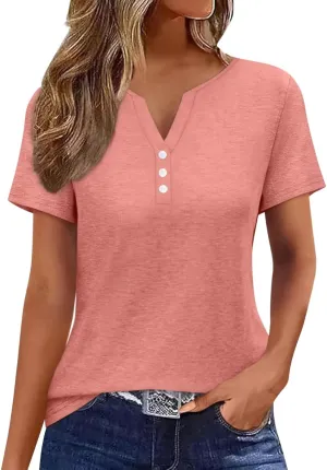 EADINVE Womens T Shirts V Neck Buttons Down Tops Casual Summer Tees Short Sleeve Loose Fit Tops Blouses